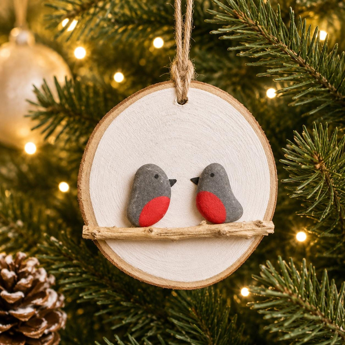 Handmade Robin Pebble Art Christmas Tree Ornaments, one and two robins displayed on ~3” Dried Wood Round, Perfect Gift, Stocking Stuffer