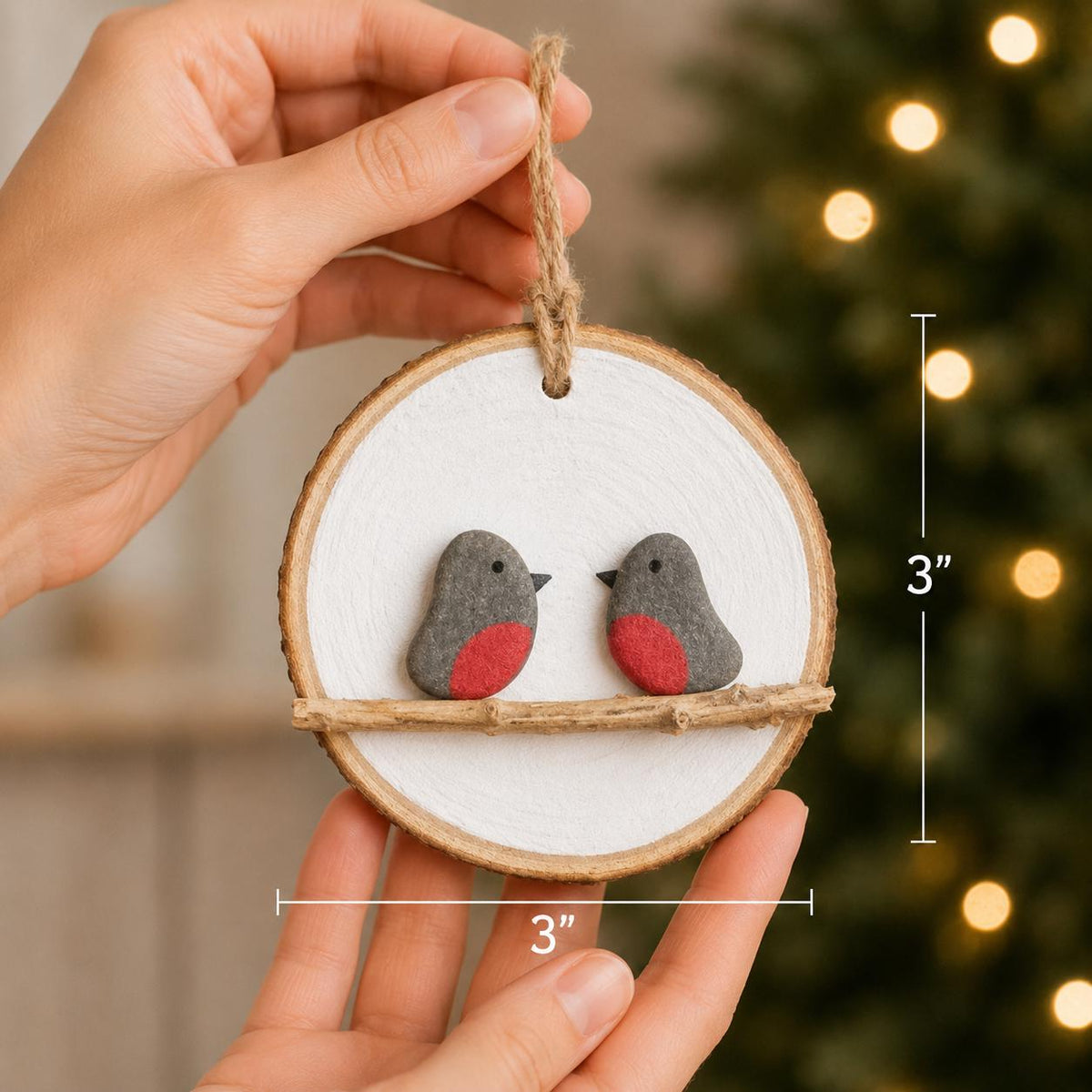Handmade Robin Pebble Art Christmas Tree Ornaments, one and two robins displayed on ~3” Dried Wood Round, Perfect Gift, Stocking Stuffer