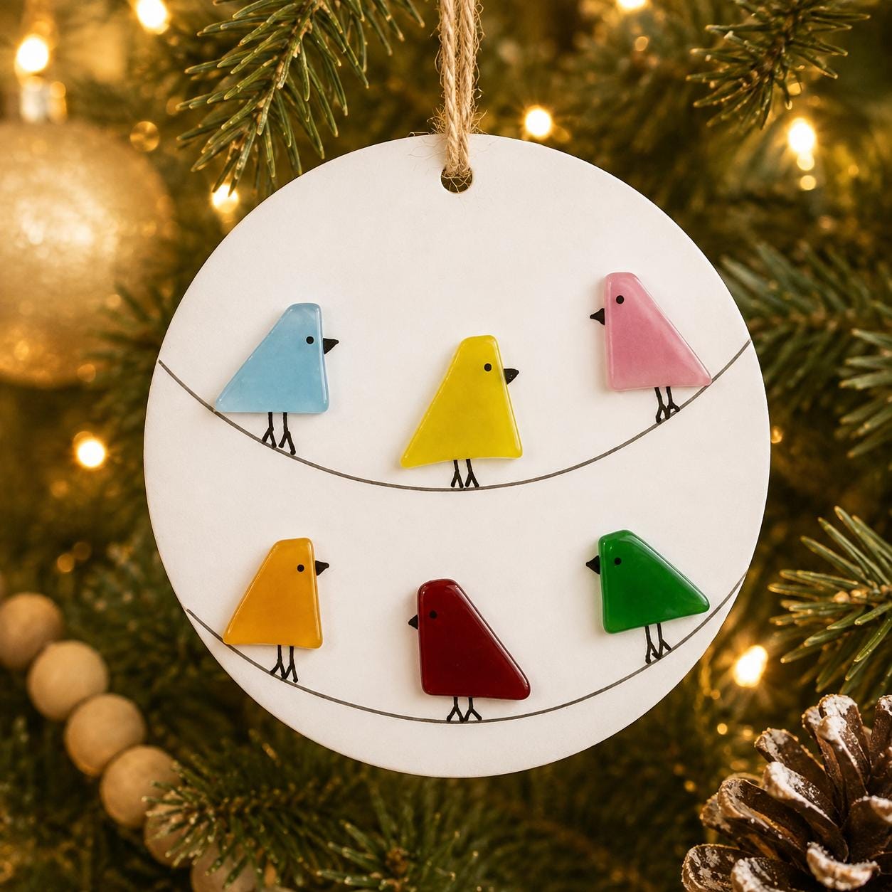 Sea Glass Multicolored Birds on Power Lines Holiday Ornament, 3” Round, Holiday Gift, Stocking Stuffer