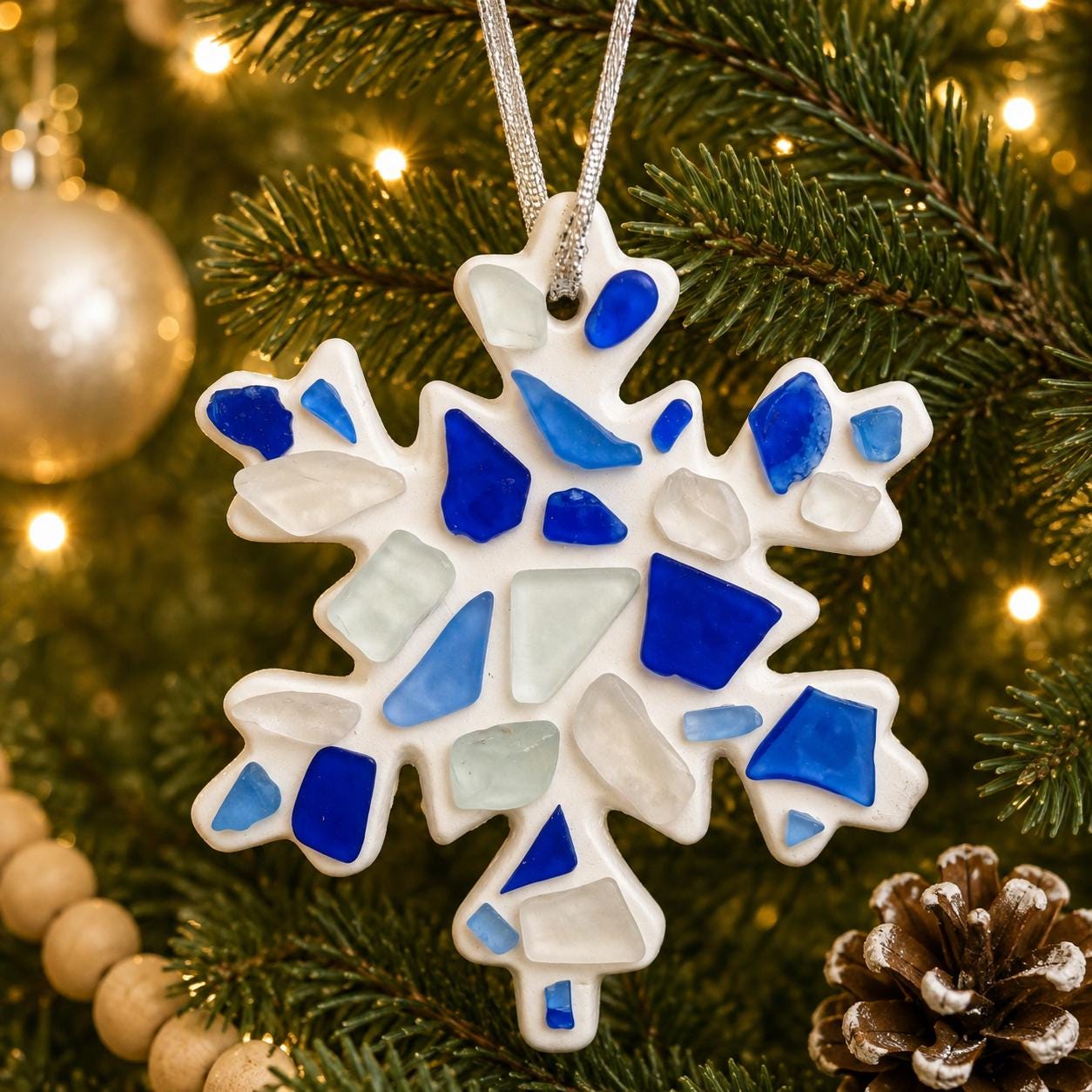 Handmade Scottish Sea Glass Snowflake Ornament in Shades of Blue, White and Teal on Ceramic Snow Flake Ornament Backing