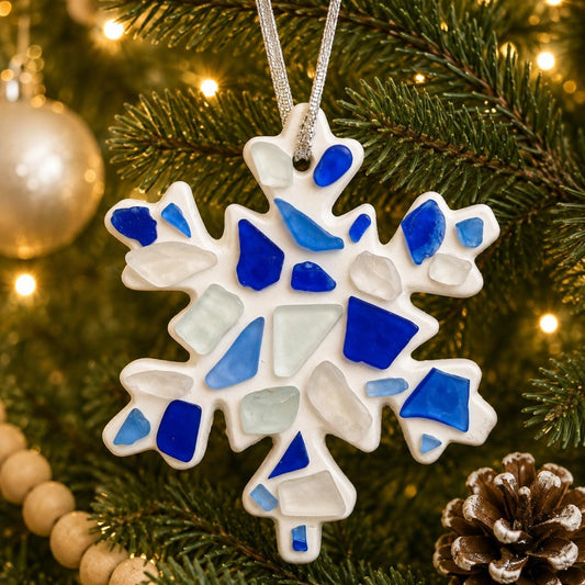 Handmade Scottish Sea Glass Snowflake Ornament in Shades of Blue, White and Teal on Ceramic Snow Flake Ornament Backing