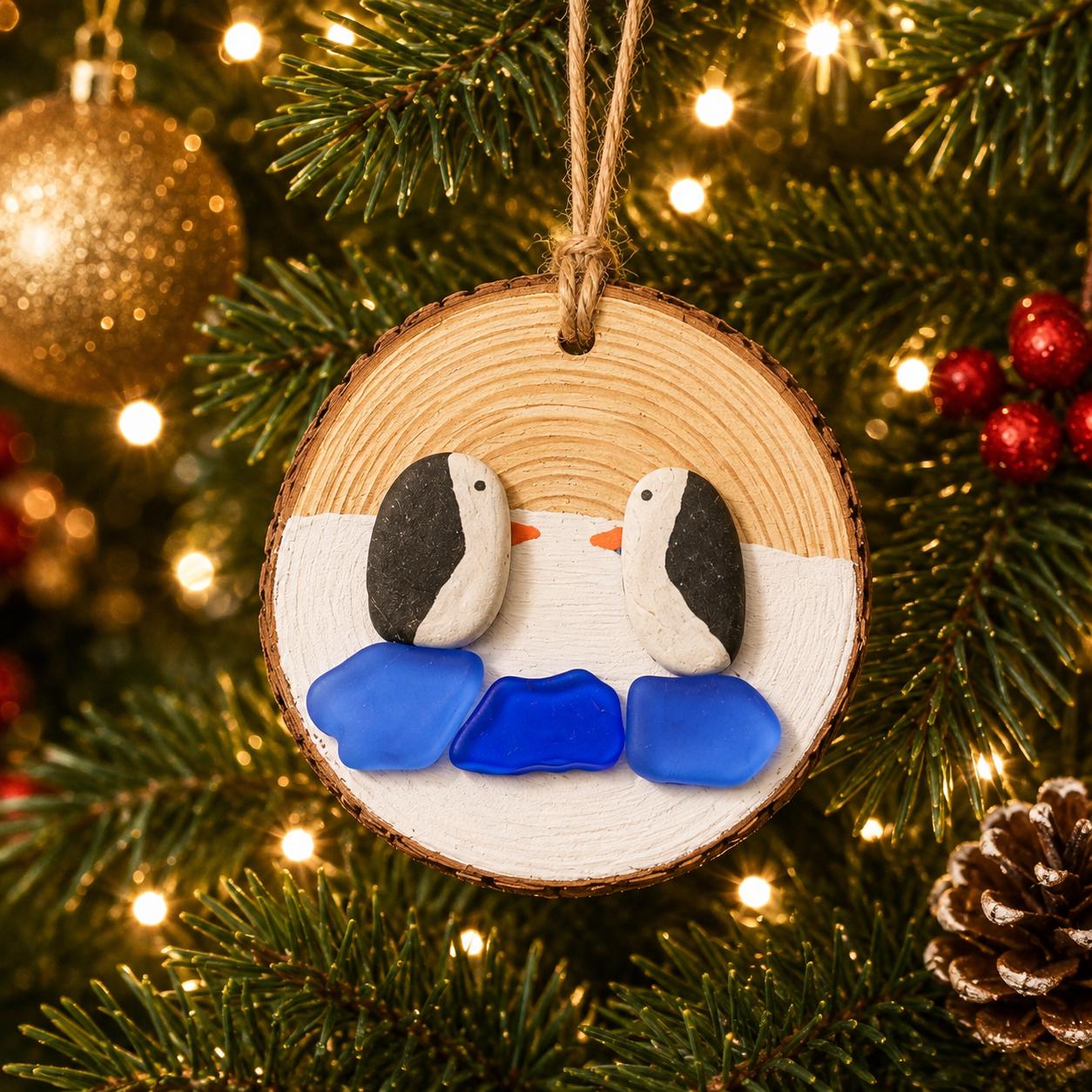 Handmade Penguin Ornament, Scottish Sea Glass, Beach Pebble Art