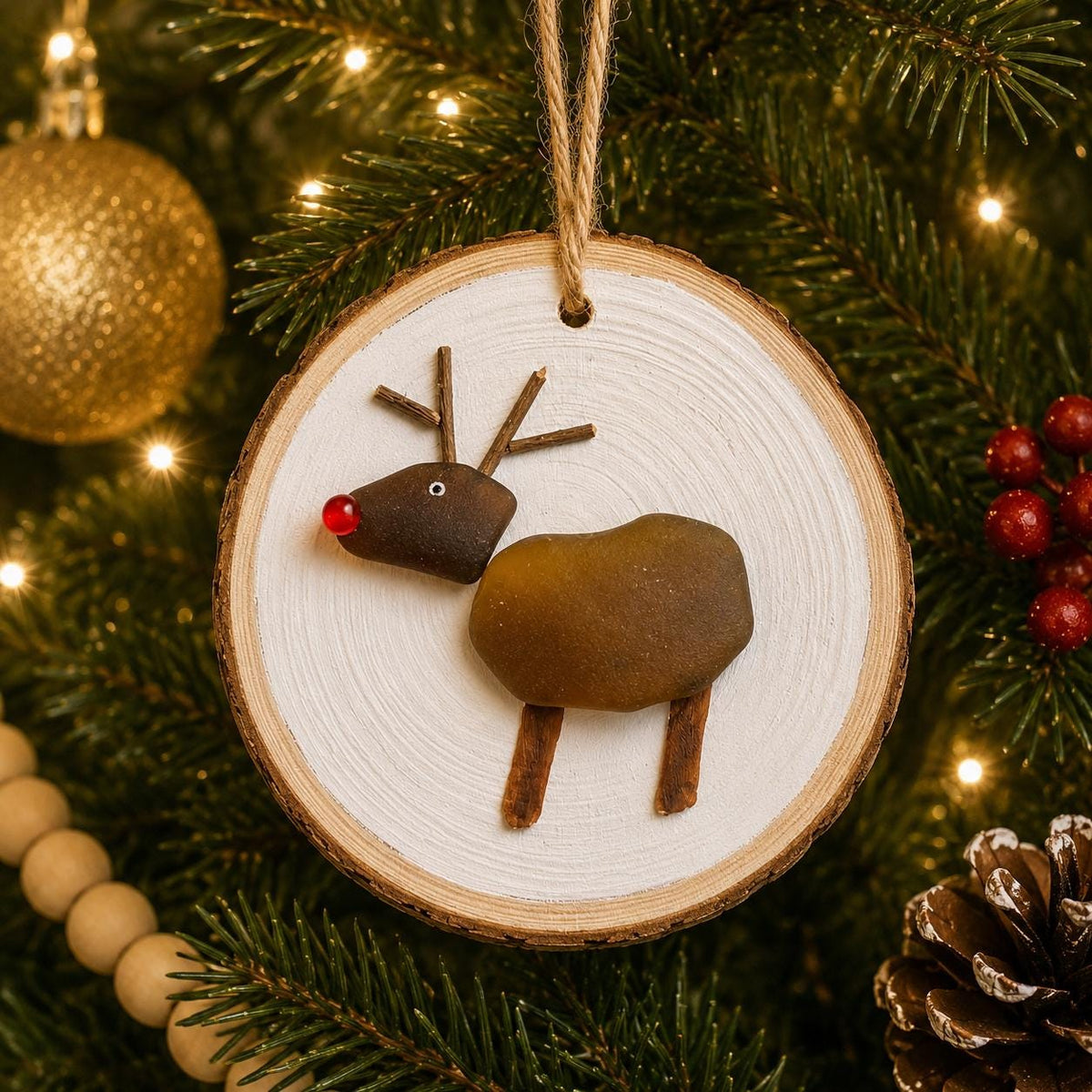Handmade Reindeer Christmas Ornament Made From Scottish Sea Glass, Perfect Holiday Gift, Stocking Stuffer | Rudolph-esque Red Nose Ornament