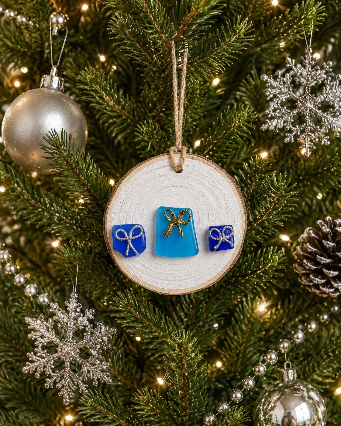 Scottish Sea Glass Presents Ornament, Natural Wood Slice, Holiday Gift