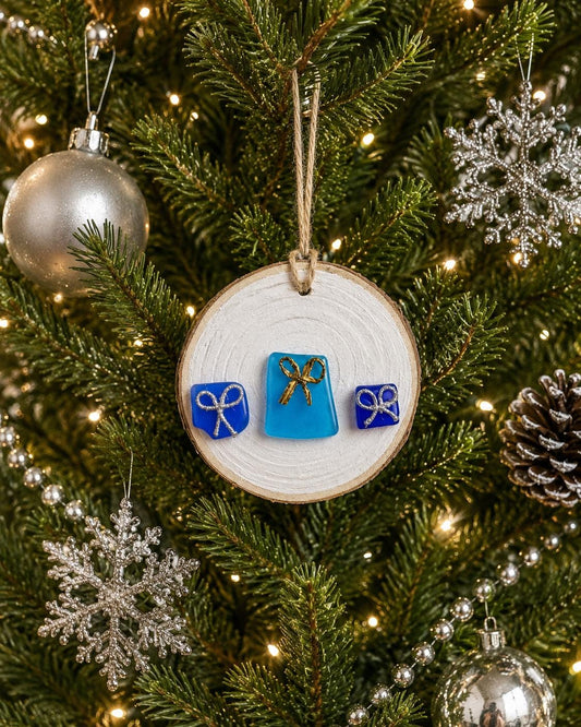 Scottish Sea Glass Presents Ornament, Natural Wood Slice, Holiday Gift