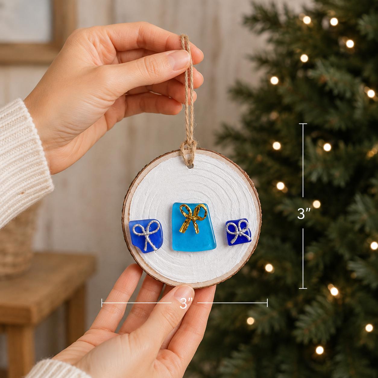 Scottish Sea Glass Presents Ornament, Natural Wood Slice, Holiday Gift