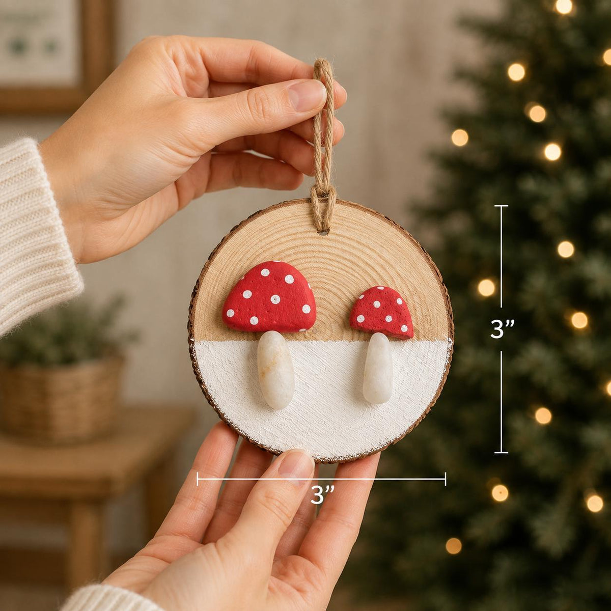 Mushroom Pebble Art Christmas Tree Ornament, Two Mushrooms are Displayed on ~3” Dried Wood Round, Perfect Holiday Gift or Stocking Stuffer