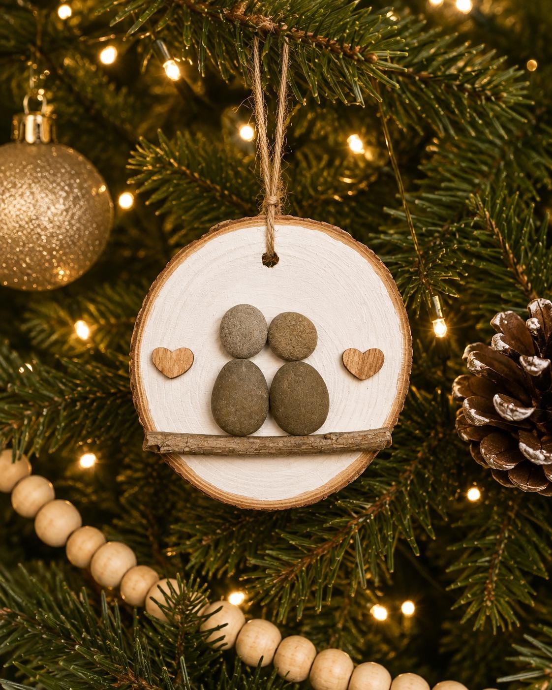Pebble Art Couple in Love Ornament on Wood Round Backing | Handmade Unique Holiday Gift