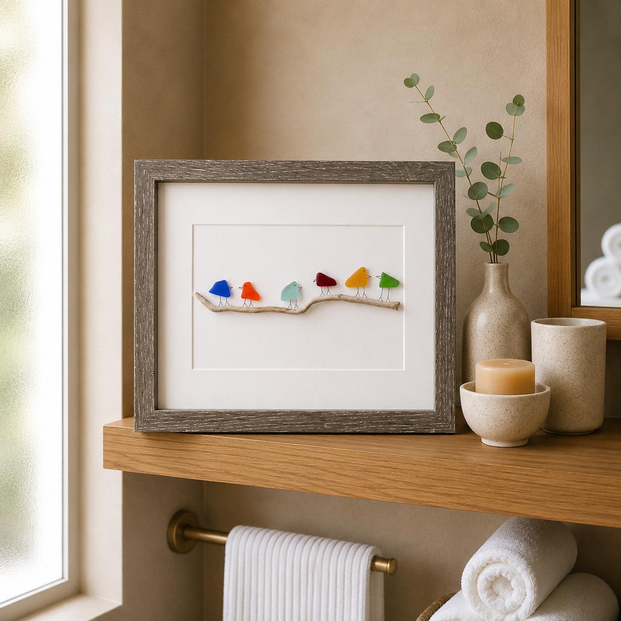 Sea Glass and Driftwood Rainbow Birds, 8x10 Framed Original Handmade Art, Minimalist Beach Glass Decor