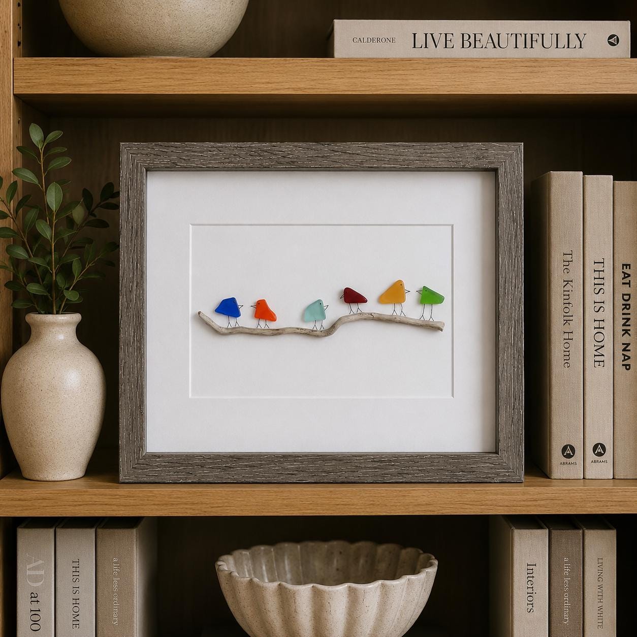 Sea Glass and Driftwood Rainbow Birds, 8x10 Framed Original Handmade Art, Minimalist Beach Glass Decor