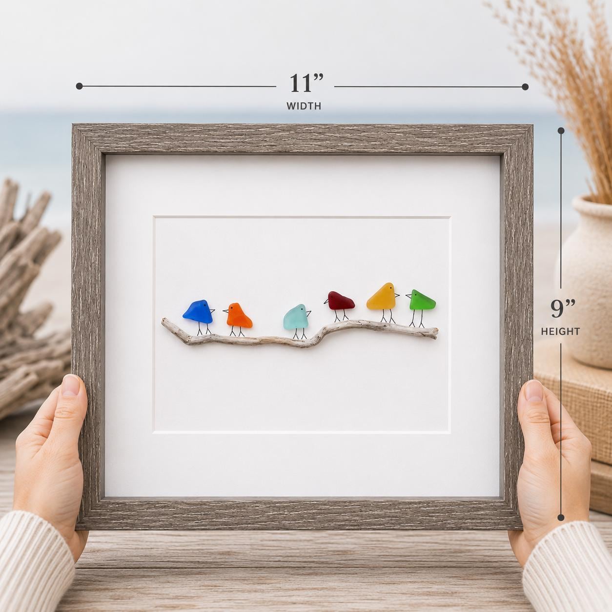 Sea Glass and Driftwood Rainbow Birds, 8x10 Framed Original Handmade Art, Minimalist Beach Glass Decor