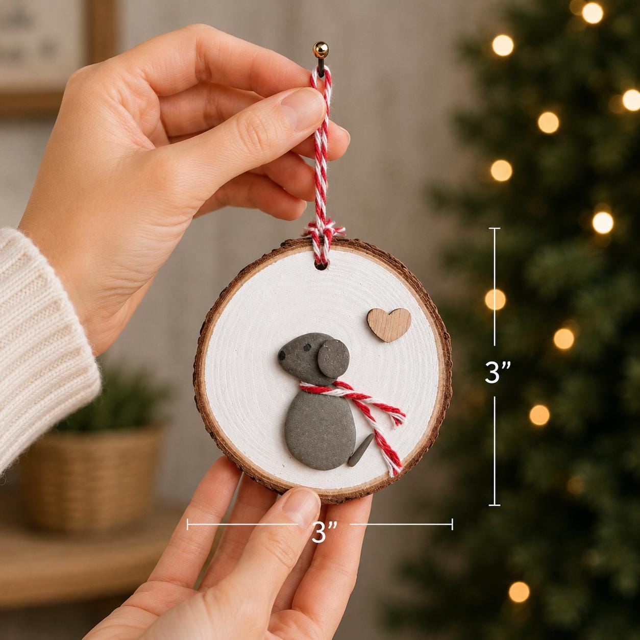 Handmade Dog Pebble Art Christmas Ornament | Wood Slice