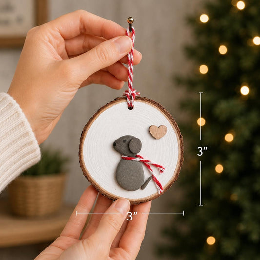 Handmade Dog Pebble Art Christmas Ornament | Wood Slice