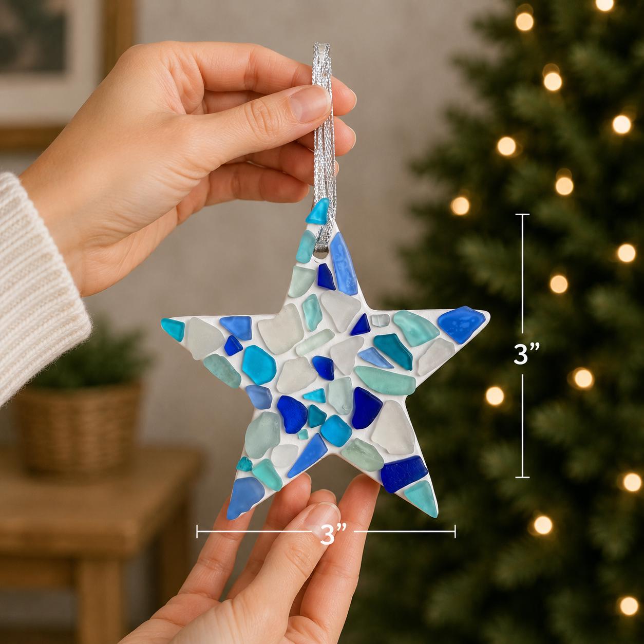 Handmade Scottish Sea Glass Star Ornament in Shades of Blue, White and Teal