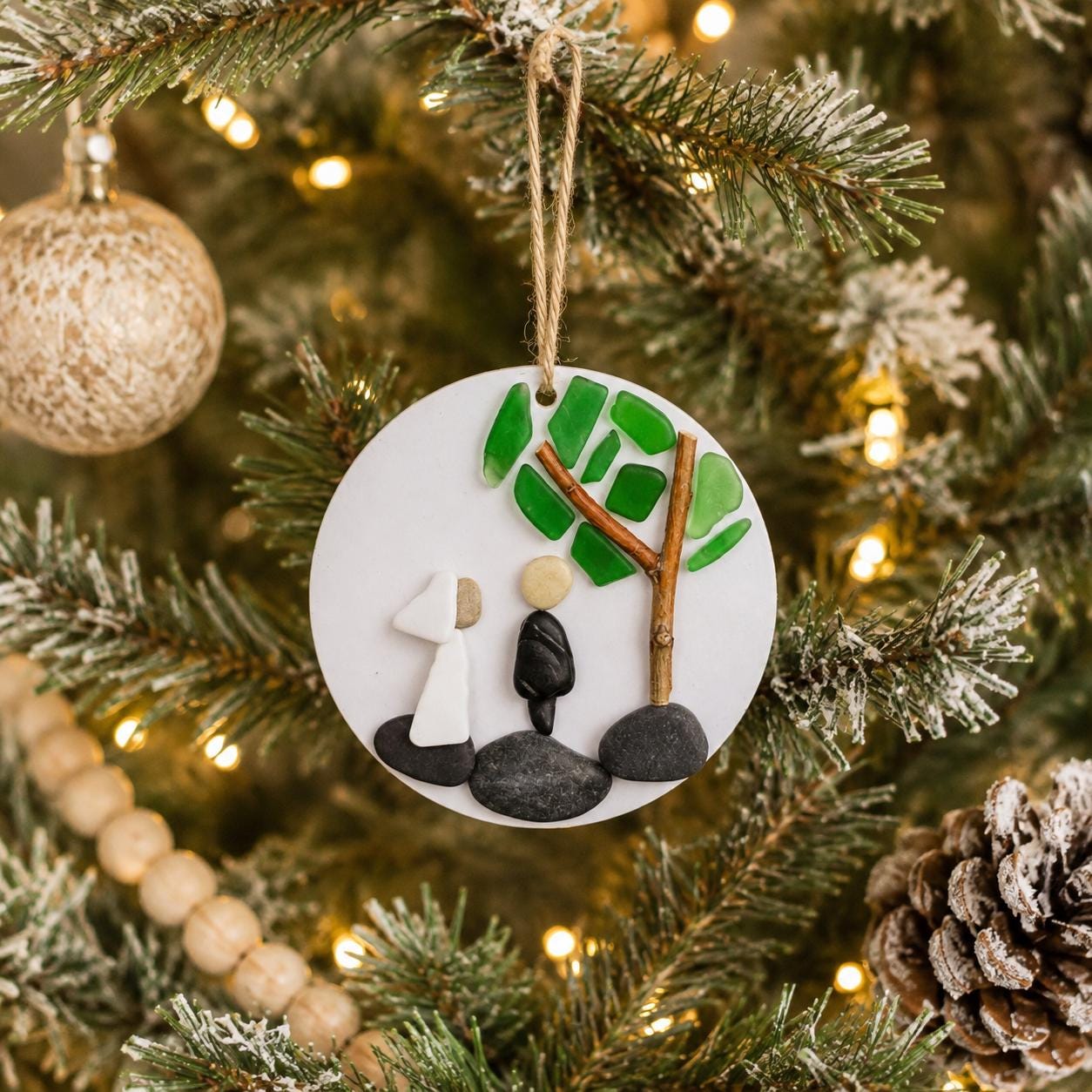 Wedding Scene Ornament | Handmade Pebble Art Couple Under Tree