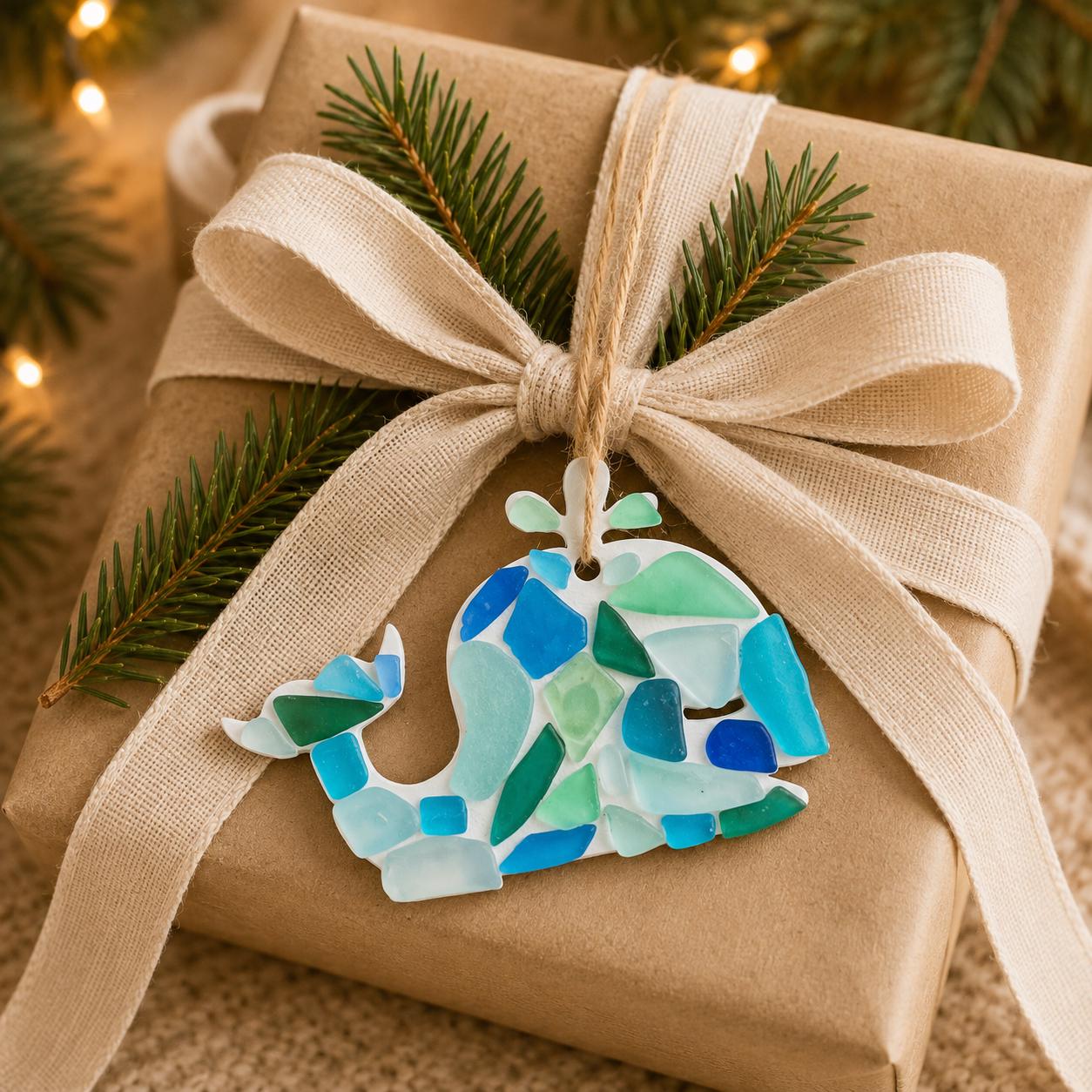 Whale Sea Glass Ornament | Coastal Ocean Decor | Handmade Blue Sea Glass Gift | Beach House Wall Hanging | Great Stocking Stuffer