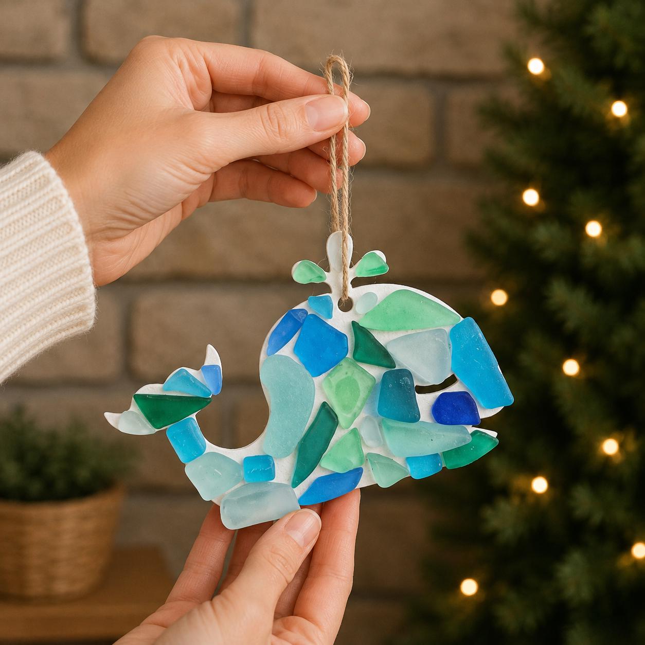 Whale Sea Glass Ornament | Coastal Ocean Decor | Handmade Blue Sea Glass Gift | Beach House Wall Hanging | Great Stocking Stuffer