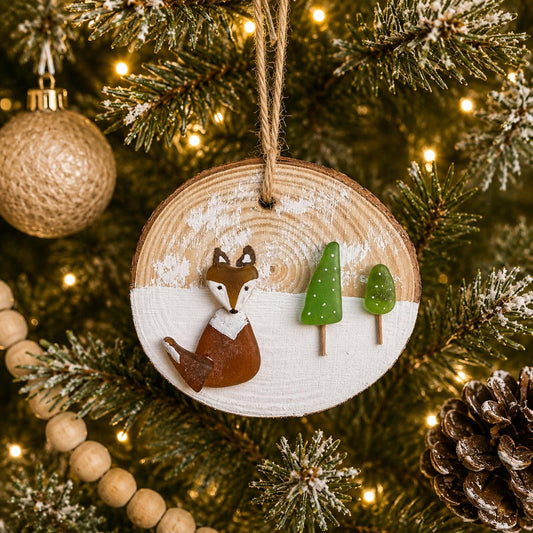 Little Fox in the Snow Christmas Ornament Made from Scottish Sea Glass on a Dried Wood Round, Perfect Holiday Gift, Stocking Stuffer