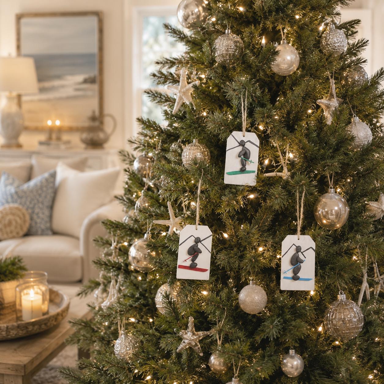 Pebble Art Skiing Christmas Ornament, Handmade Skier Gift