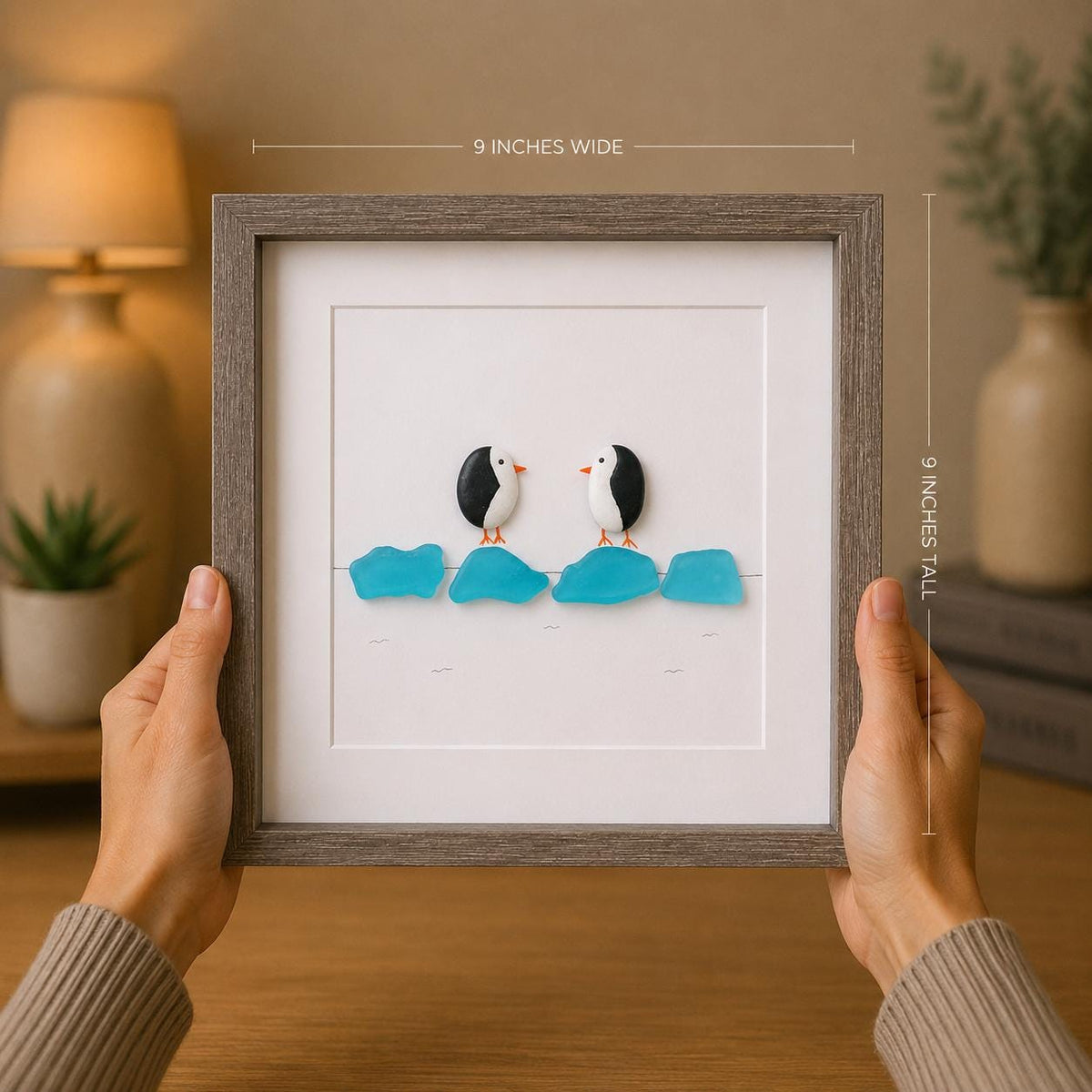 Two Penguins on Aqua Sea Glass Ice, 8x8"