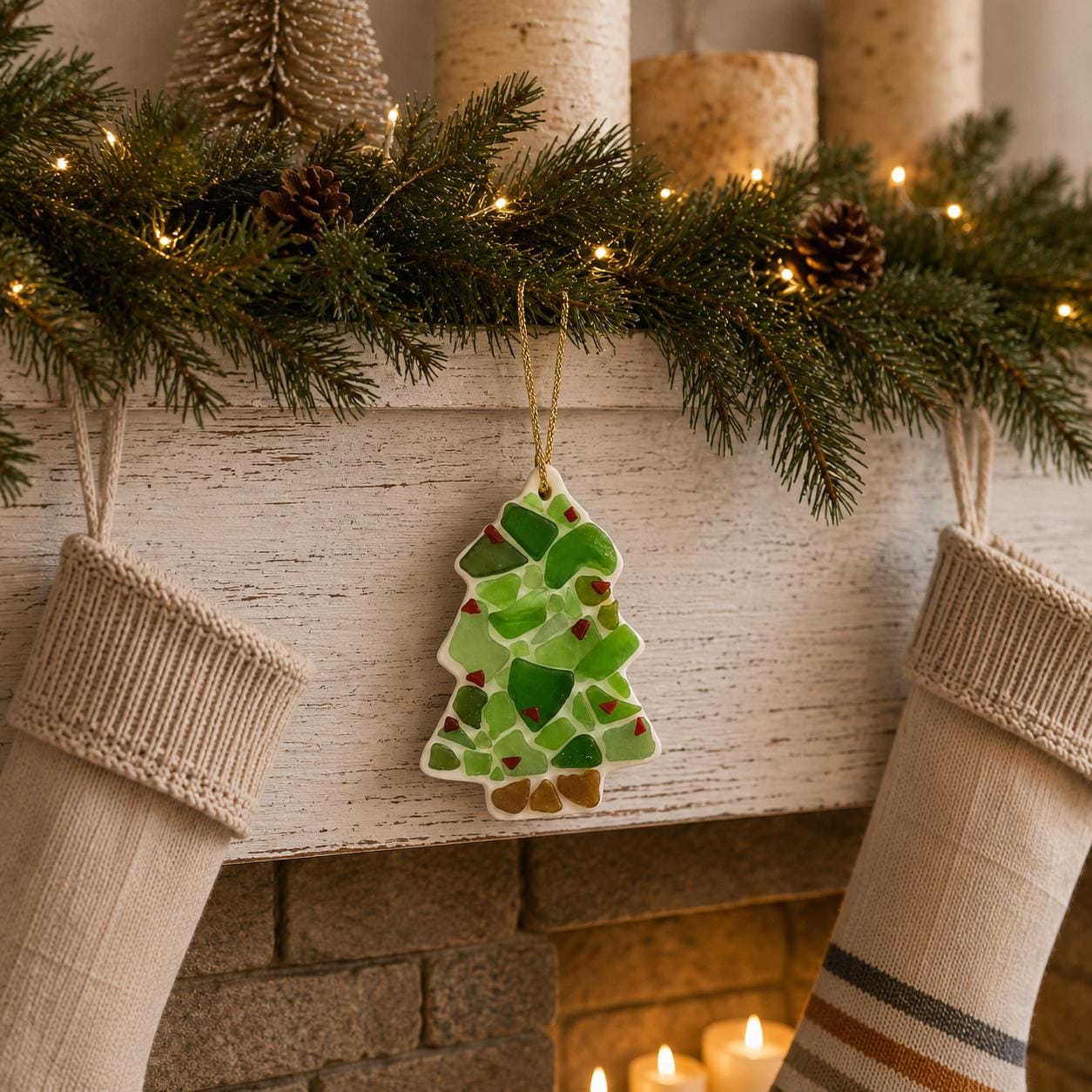 Handmade Sea Glass Christmas Tree Ornament, Coastal Holiday Decoration