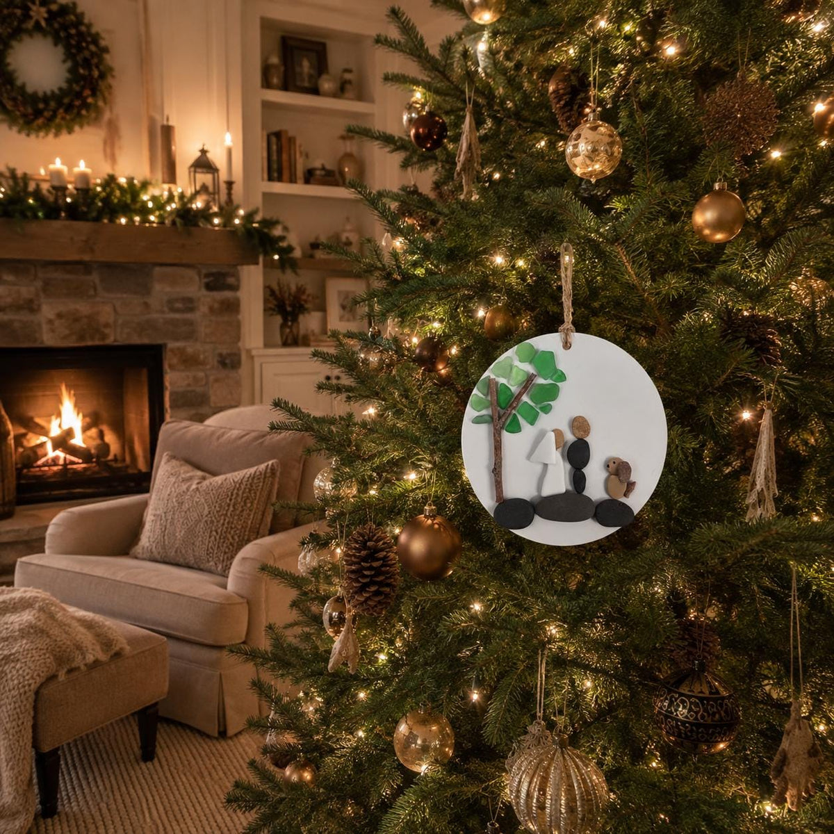 Wedding Scene Ornament | Handmade Pebble Art Couple Under Tree