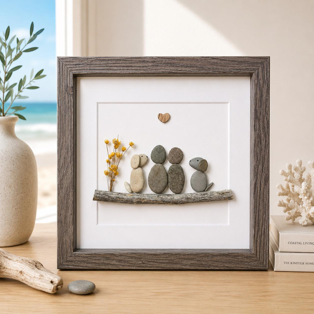 Couple with Two Dogs Pebble Art, 8x8"