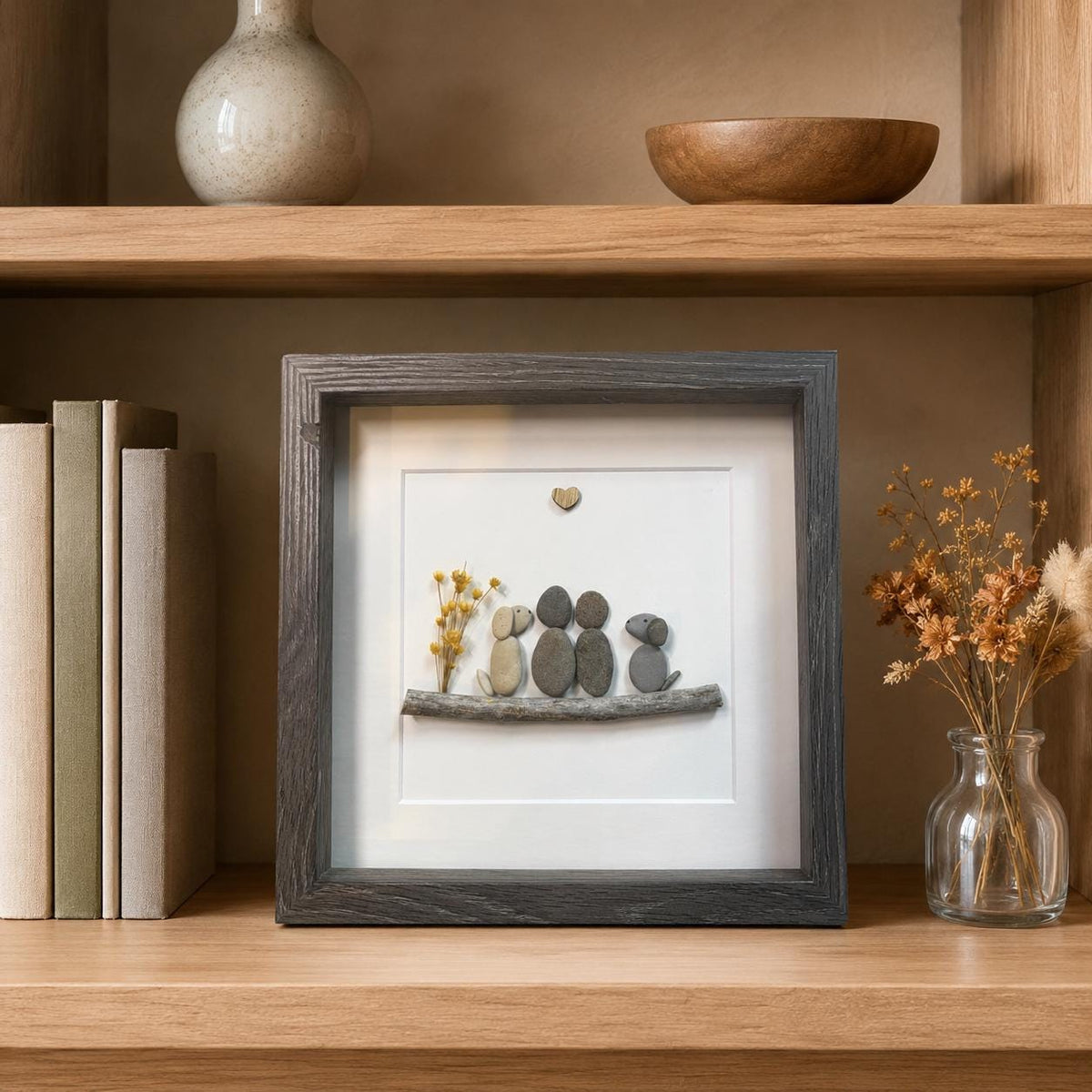 Couple with Two Dogs Pebble Art, 8x8"