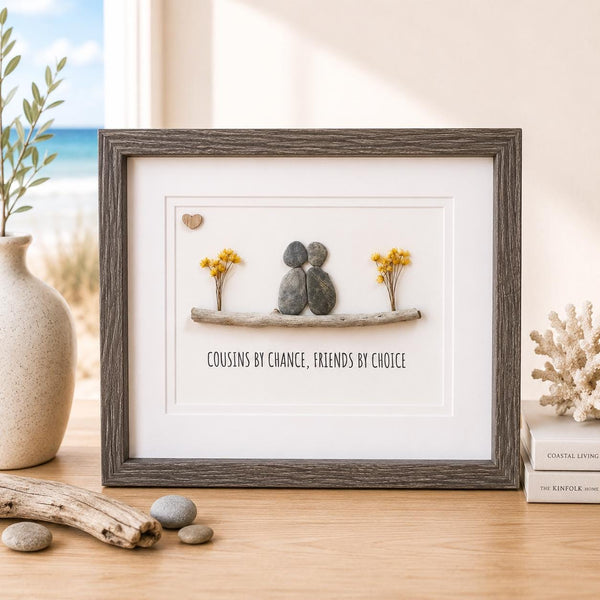 Handmade Gift for Cousin Made From Beach Pebbles and Driftwood, 8x10 Framed Pebble Art, Personalized Gift for Cousin