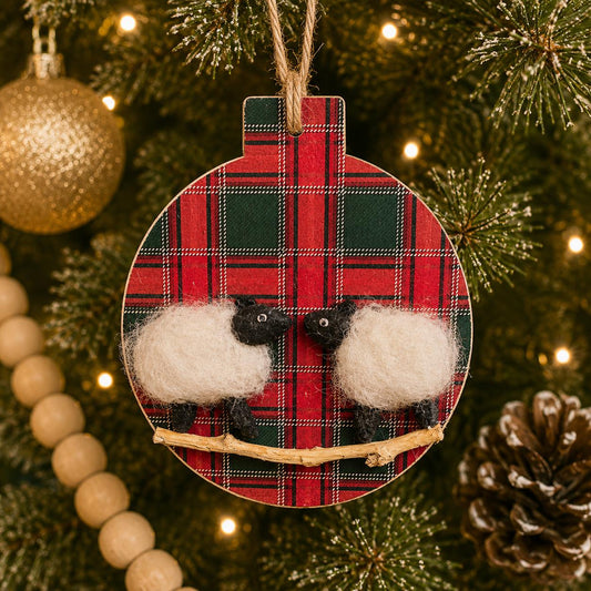 Sheep on Tartan Pebble Christmas Ornament