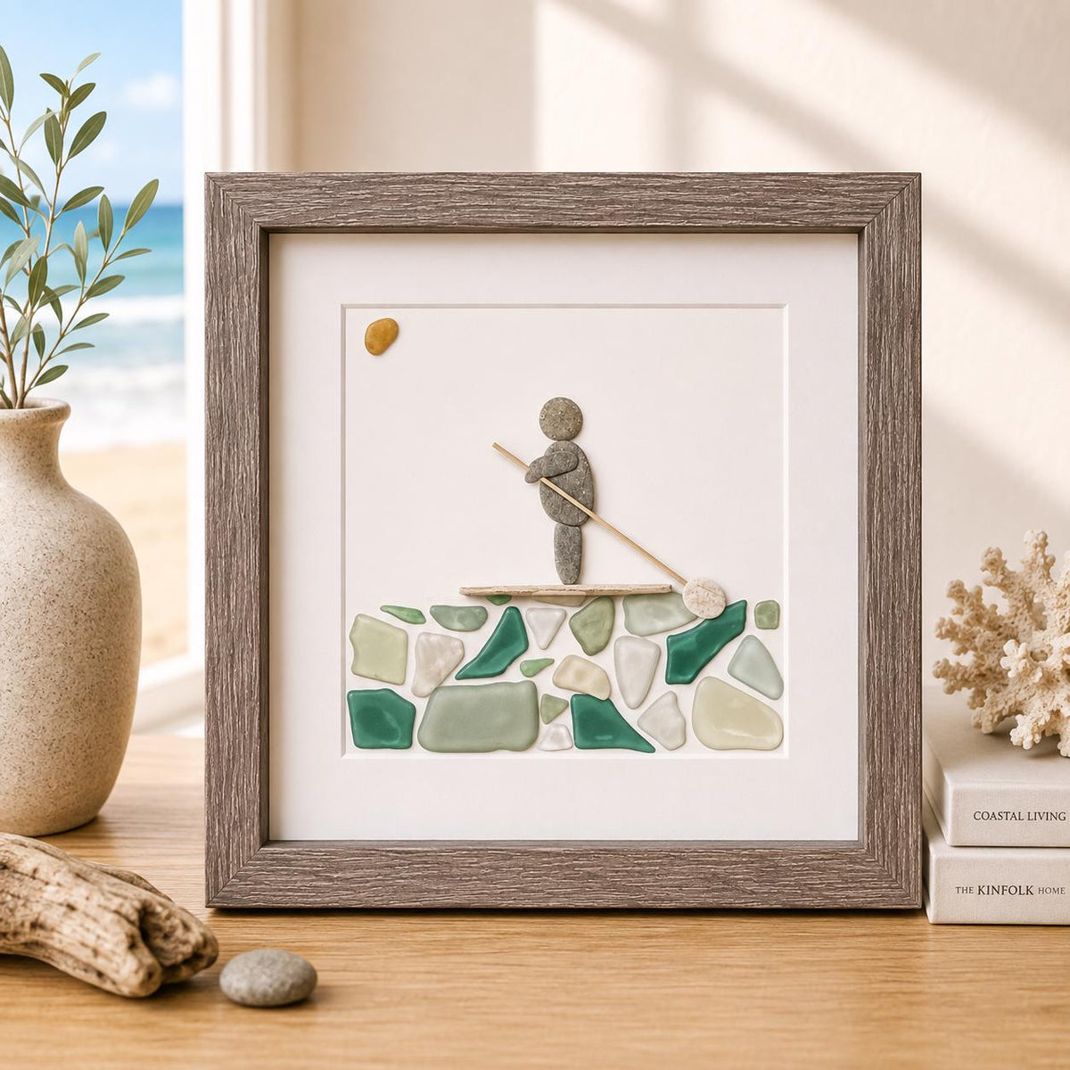 Solo Paddle Boarder Sea Glass and Pebble Art, 8x8"