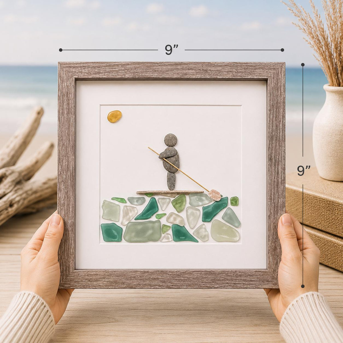 Solo Paddle Boarder Sea Glass and Pebble Art, 8x8"