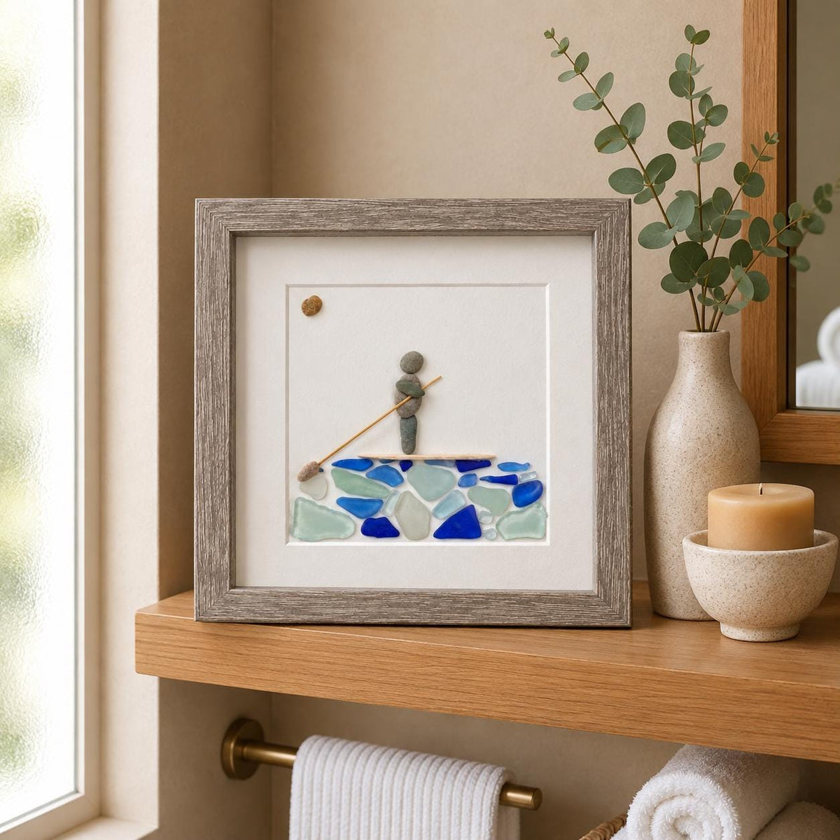 Solo Paddle Boarder Sea Glass and Pebble Art, 8x8"