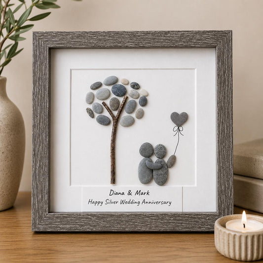25th Anniversary "Silver" Pebble Art Couple Under a Tree, 8x8"