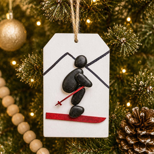 Skier Pebble Art Christmas Ornament