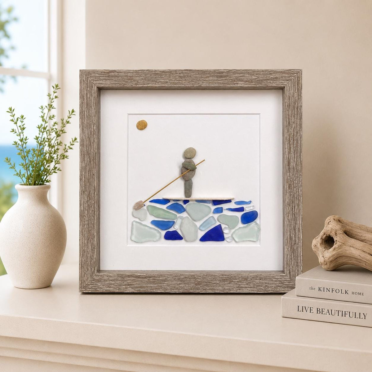 Solo Paddle Boarder Sea Glass and Pebble Art, 8x8"