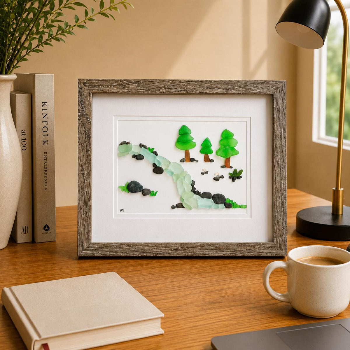 Sea Glass River Through the Trees Art, 8x10"