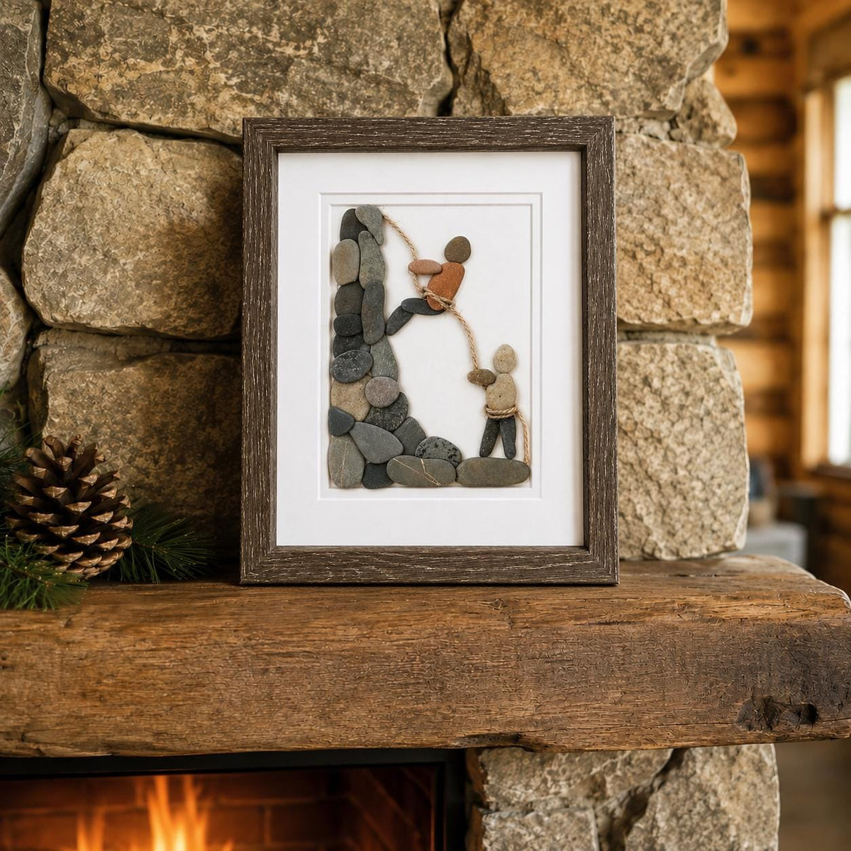 Rock Climbing Pebble Art With Two Climbers; 8x10 Framed