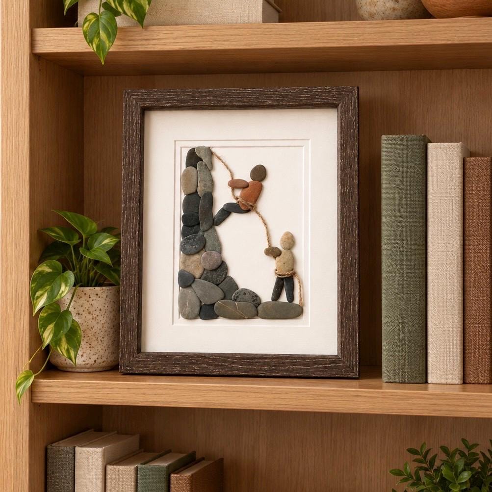 Rock Climbing Pebble Art With Two Climbers; 8x10 Framed