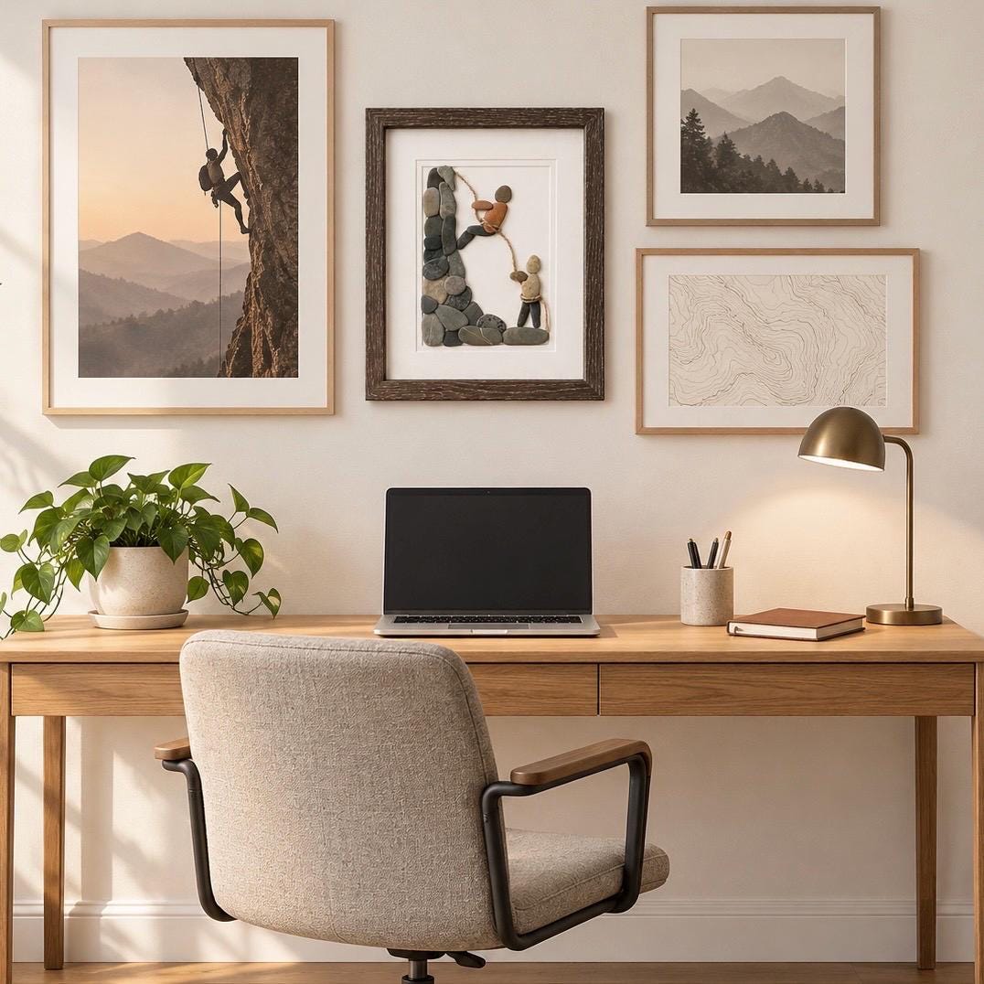 Rock Climbing Pebble Art With Two Climbers; 8x10 Framed