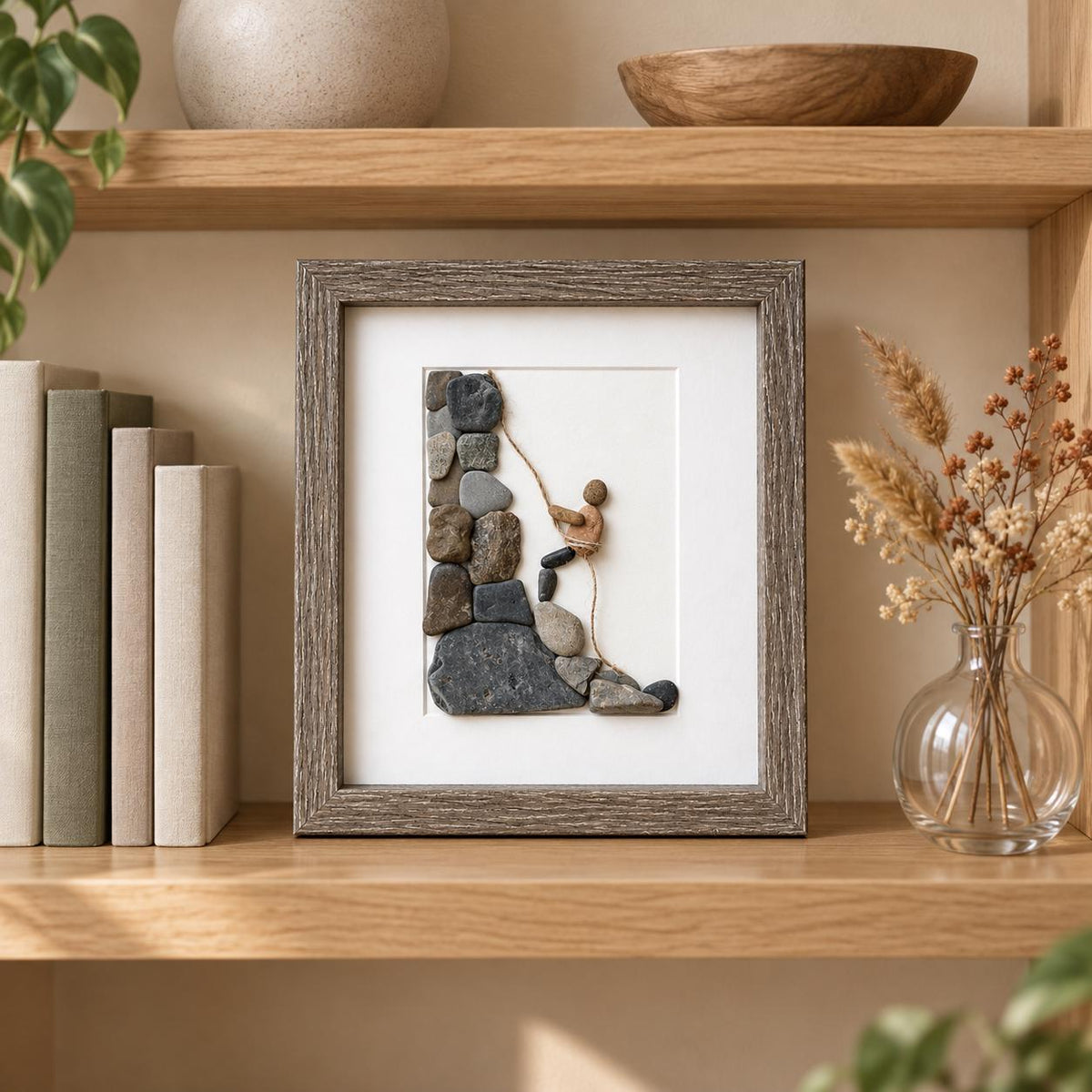 Rock Climbing Pebble Art With Two Climbers; 8x10 Framed