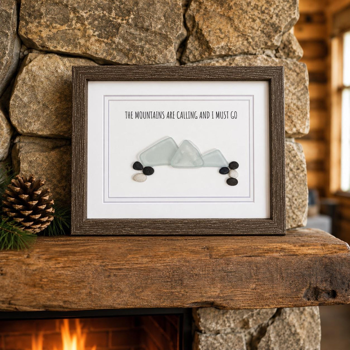 The Mountains Are Calling Sea Glass and Pebble Art, 8x10 Framed Original Artwork