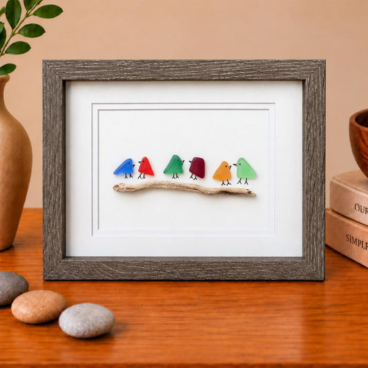 Six Rainbow Sea Glass Birds on Driftwood, 8x10"