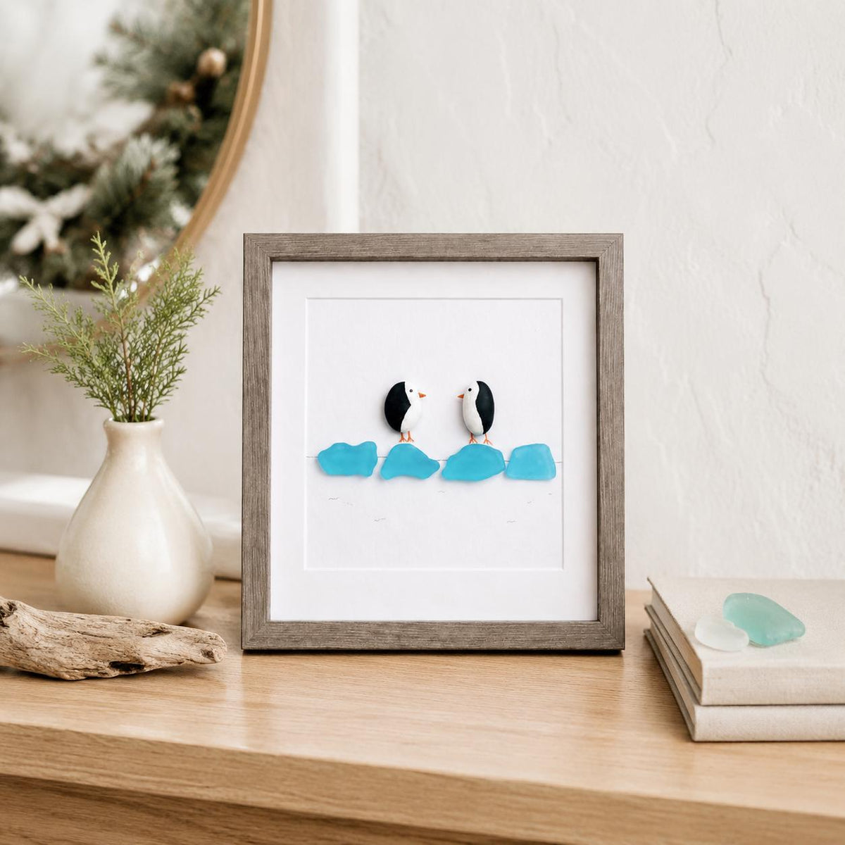Two Penguins on Aqua Sea Glass Ice, 8x8"