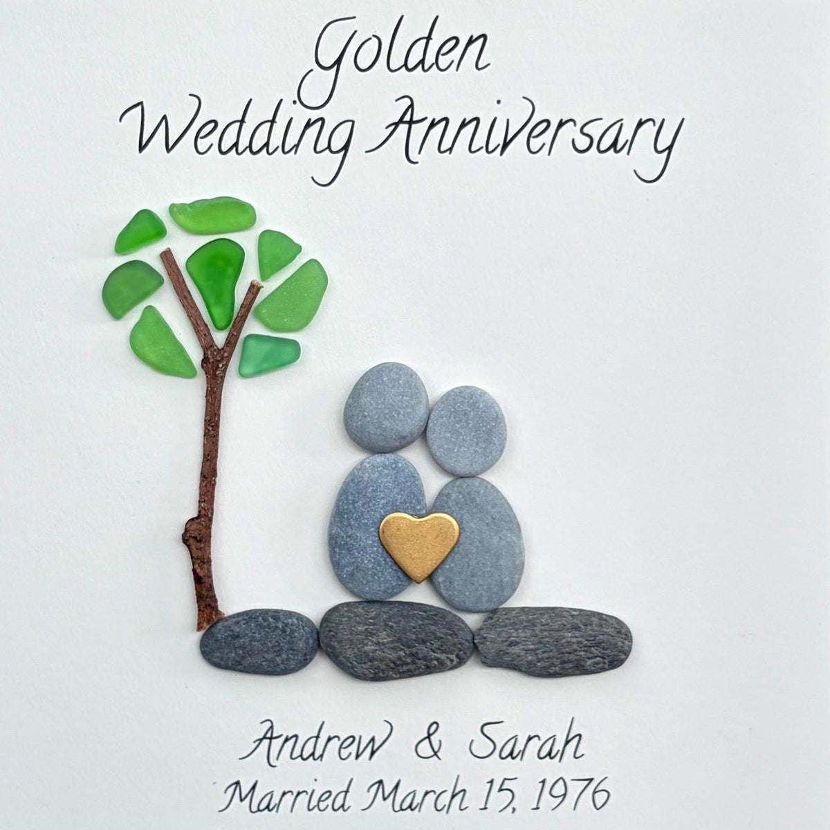 50th Anniversary Pebble and Sea Glass Art, Personalized Golden Wedding Anniversary Gift