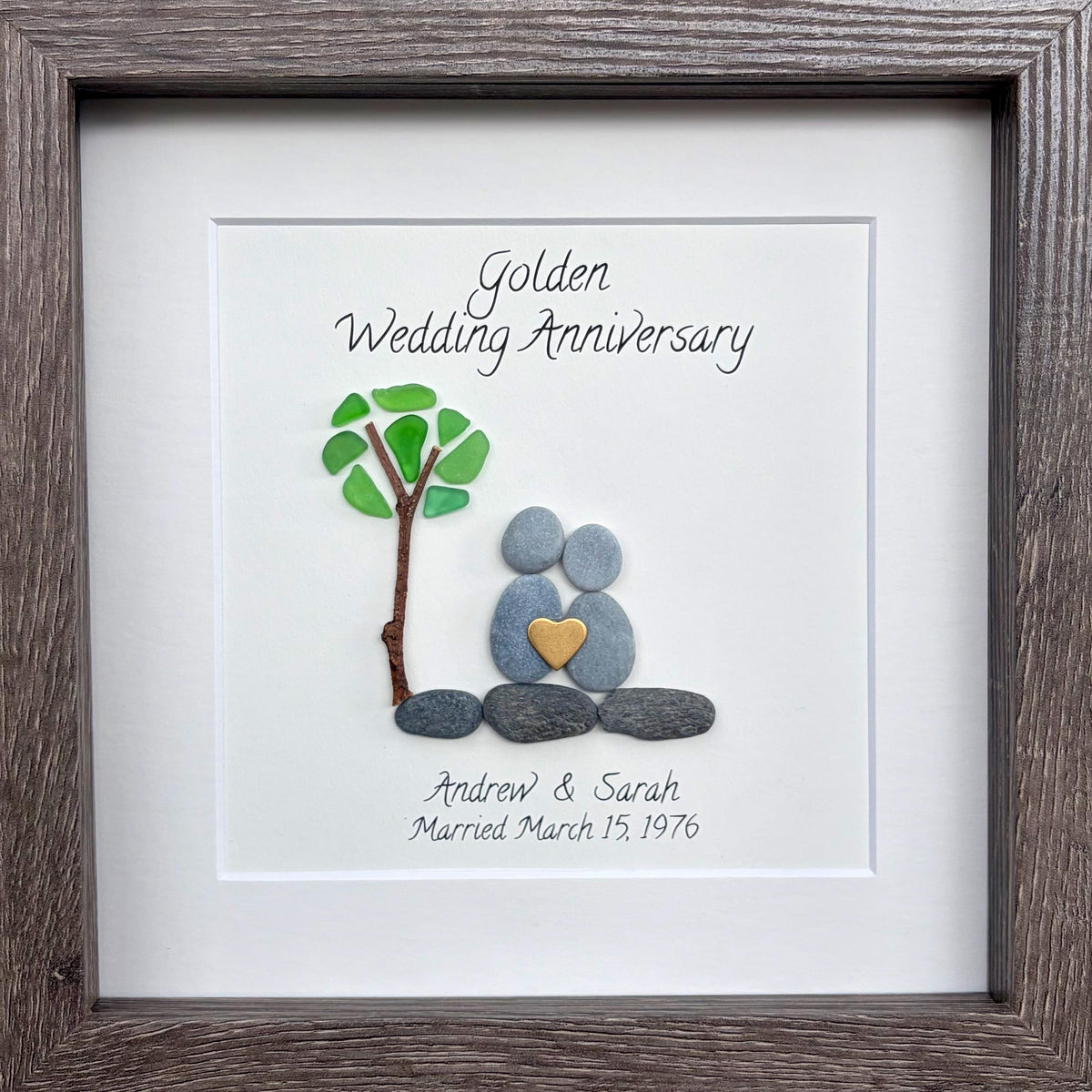 50th Anniversary Pebble and Sea Glass Art, Personalized Golden Wedding Anniversary Gift