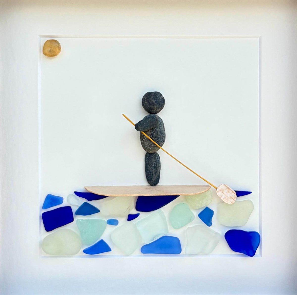 Paddle Boarder Sea Glass and Pebble Art, 9x9 Framed Artwork