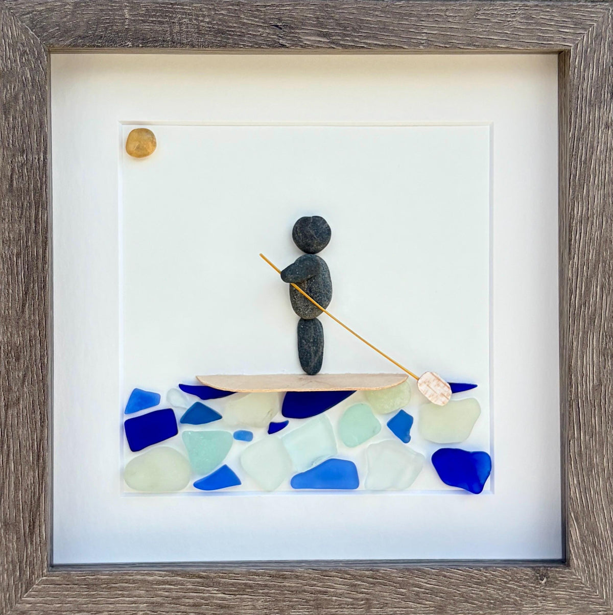 Paddle Boarder Sea Glass and Pebble Art, 9x9 Framed Artwork