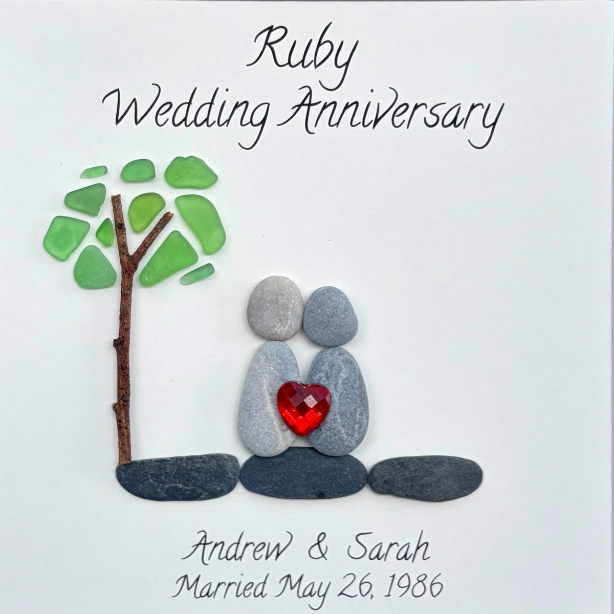 40th Wedding Anniversary Pebble and Sea Glass Art, Personalized Ruby Anniversary Gift