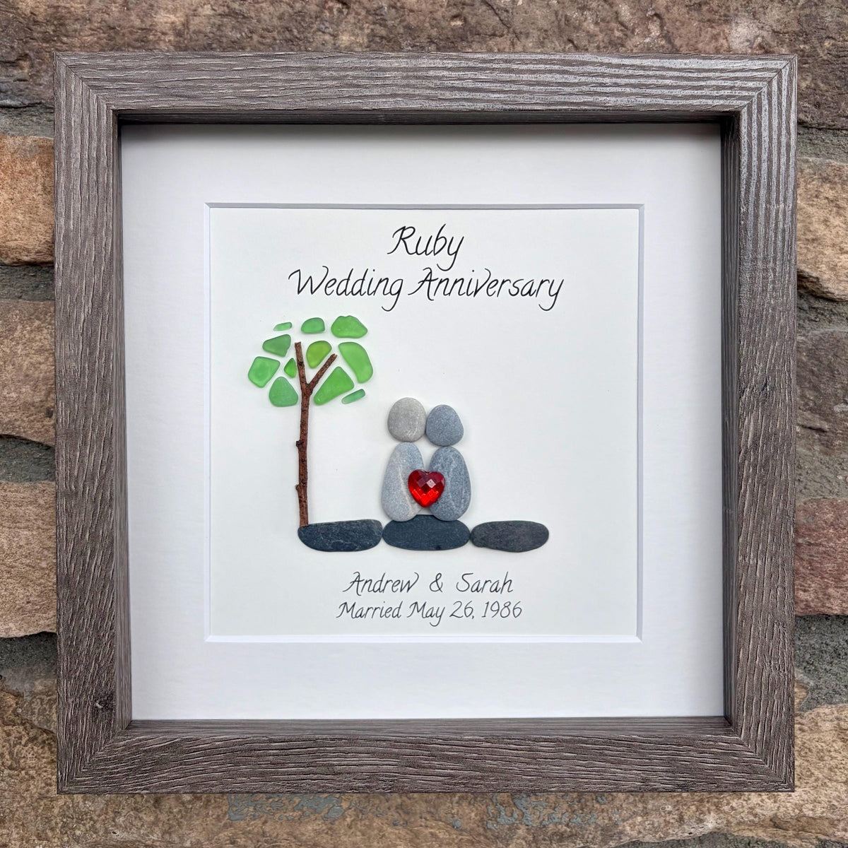 40th Wedding Anniversary Pebble and Sea Glass Art, Personalized Ruby Anniversary Gift